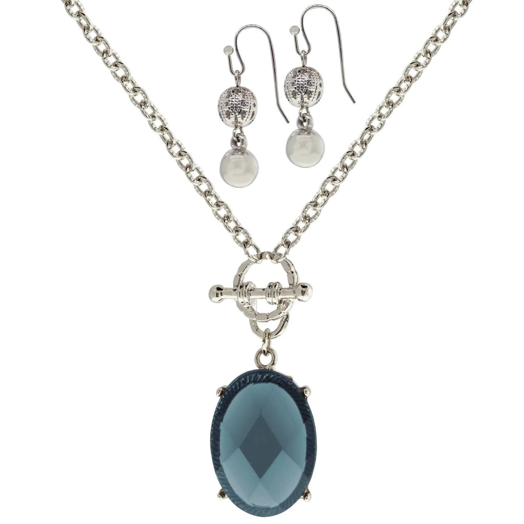 1928 Jewelry Blue Oceanic Crystal Toggle Necklace & Classic Pearl and Filigree Earring Set