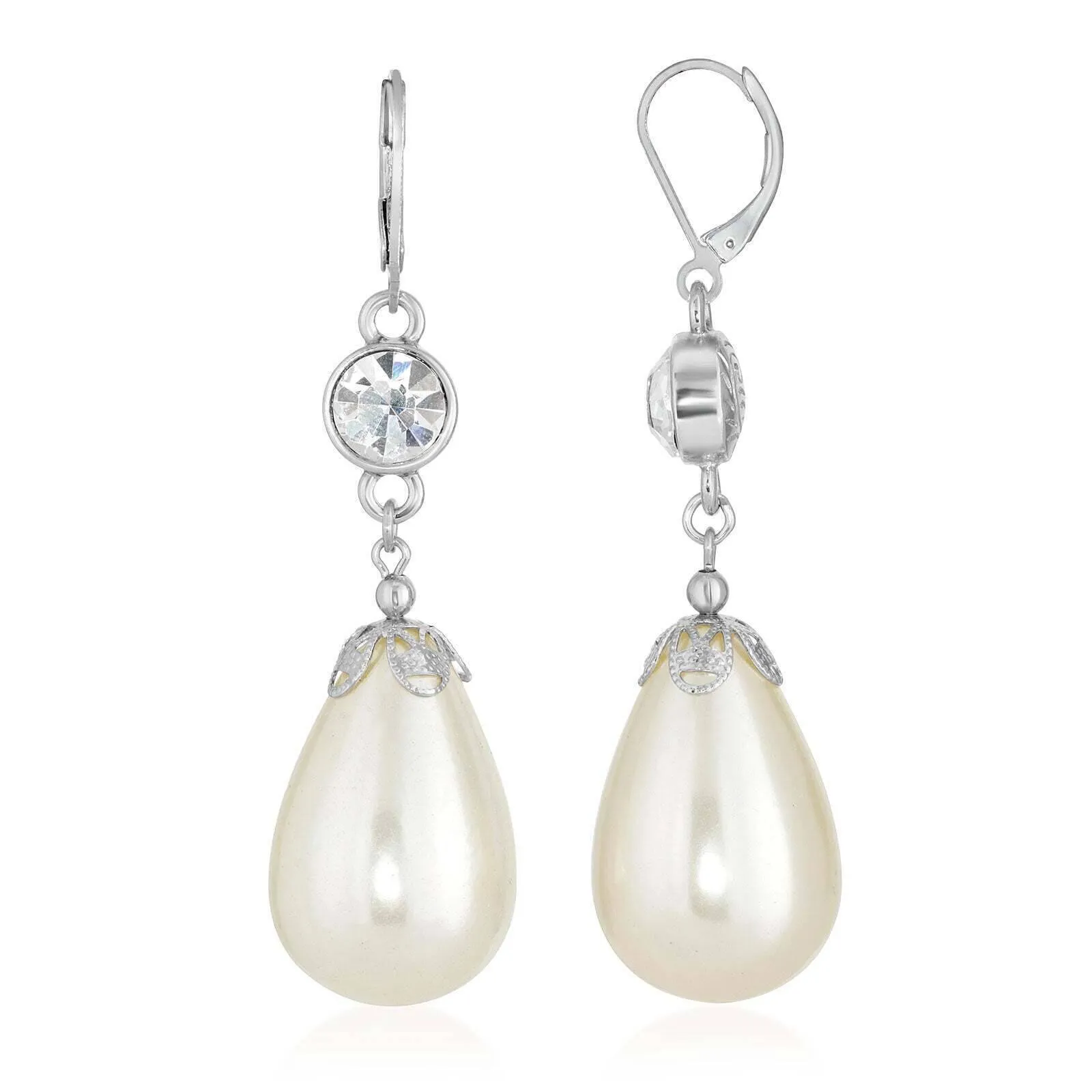 1928 Jewelry Large Teardrop Faux Pearl And Crystal Drop Earrings