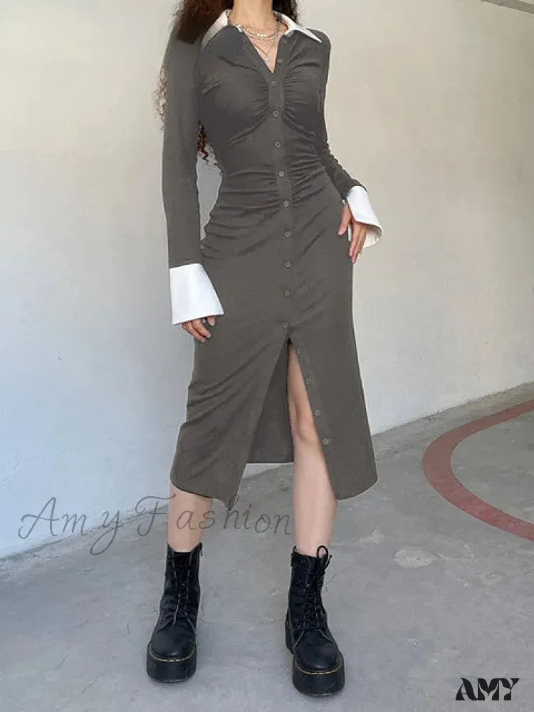 Amy Fashion - Office Lady Button Knitted Long Dress