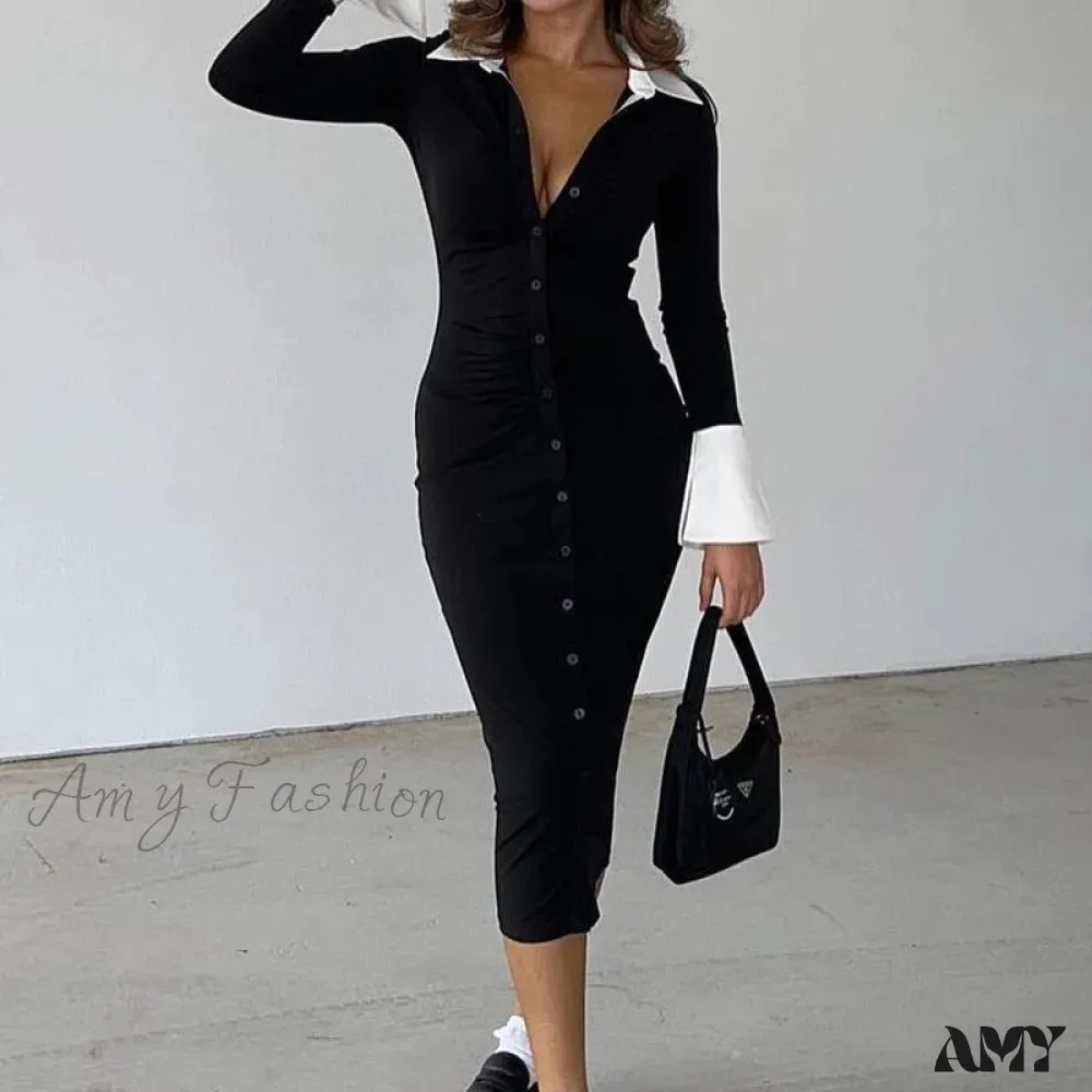 Amy Fashion - Office Lady Button Knitted Long Dress