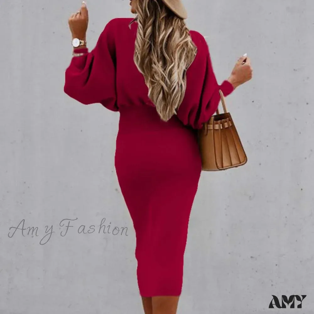 Amy Fashion - Tight High Waist Elegant Long Lantern Sleeve O-Neck Dress