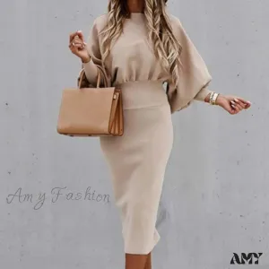 Amy Fashion - Tight High Waist Elegant Long Lantern Sleeve O-Neck Dress