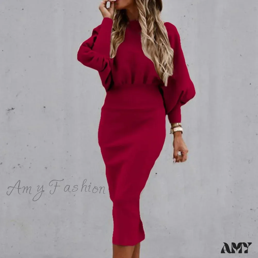 Amy Fashion - Tight High Waist Elegant Long Lantern Sleeve O-Neck Dress