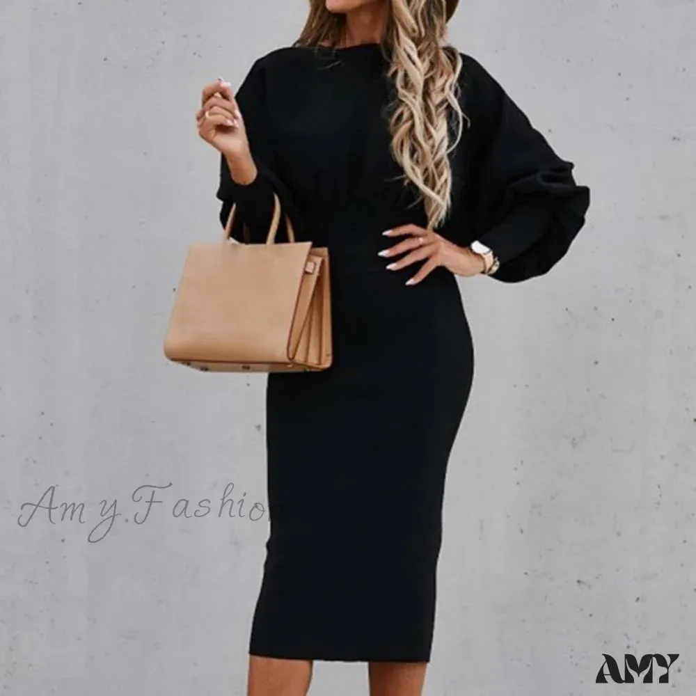 Amy Fashion - Tight High Waist Elegant Long Lantern Sleeve O-Neck Dress