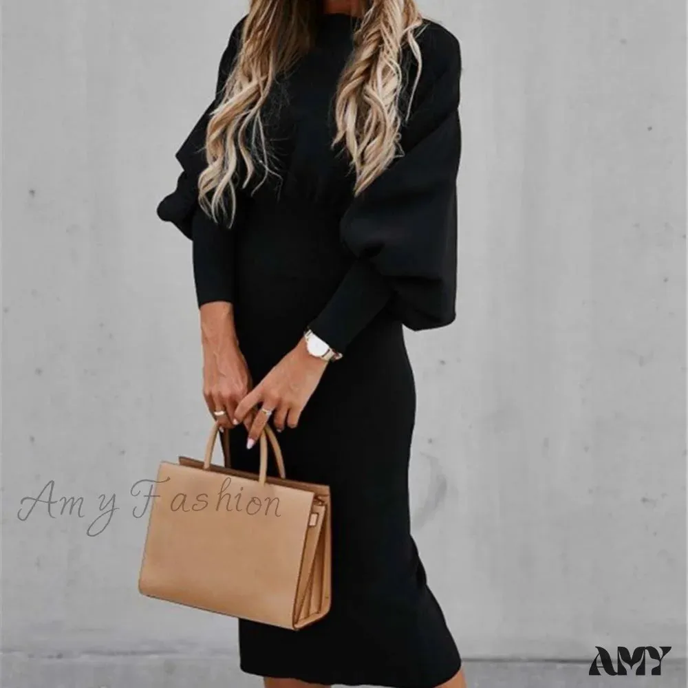 Amy Fashion - Tight High Waist Elegant Long Lantern Sleeve O-Neck Dress