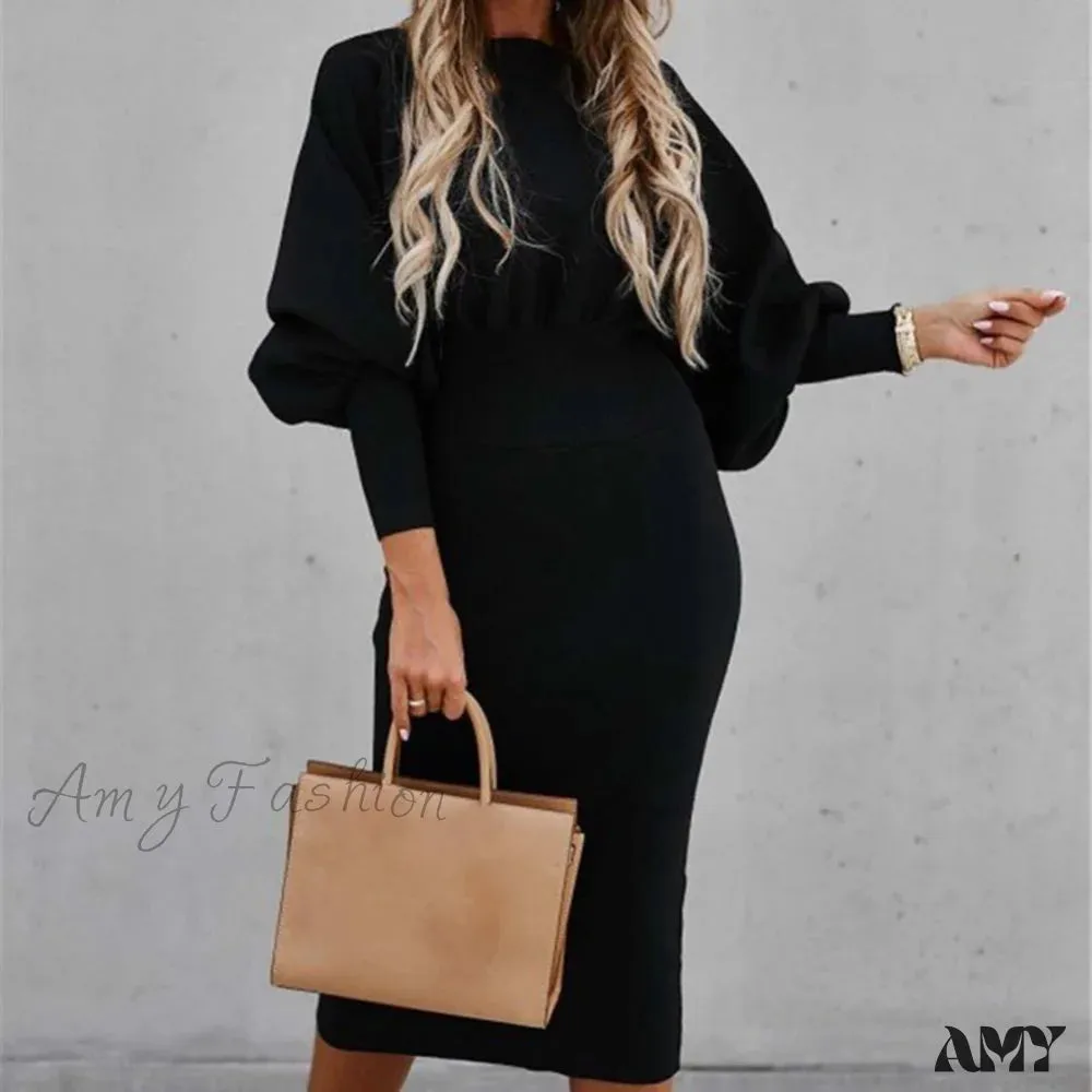 Amy Fashion - Tight High Waist Elegant Long Lantern Sleeve O-Neck Dress