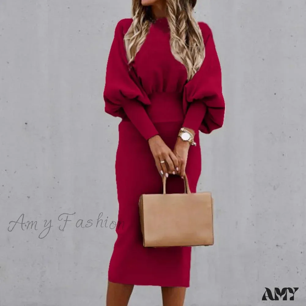 Amy Fashion - Tight High Waist Elegant Long Lantern Sleeve O-Neck Dress