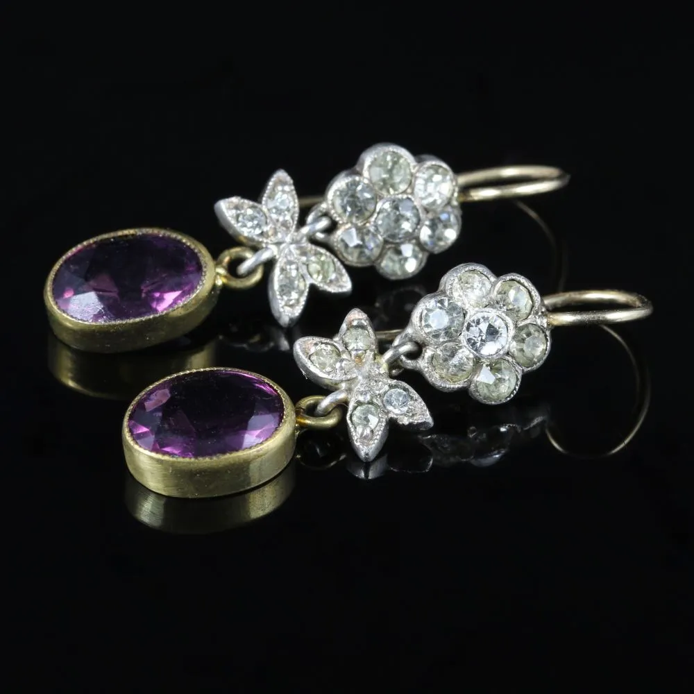 Antique Edwardian Purple Paste Drop Earrings Silver Gold