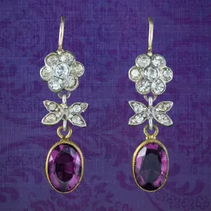 Antique Edwardian Purple Paste Drop Earrings Silver Gold