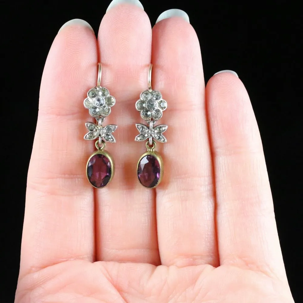 Antique Edwardian Purple Paste Drop Earrings Silver Gold