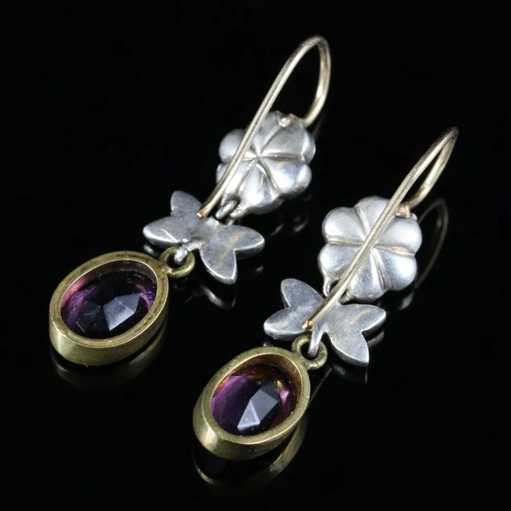 Antique Edwardian Purple Paste Drop Earrings Silver Gold