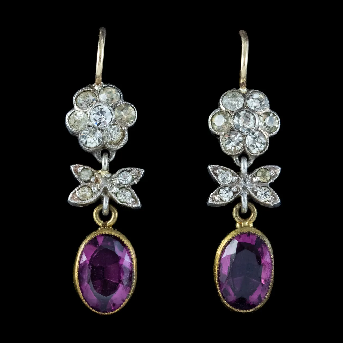 Antique Edwardian Purple Paste Drop Earrings Silver Gold