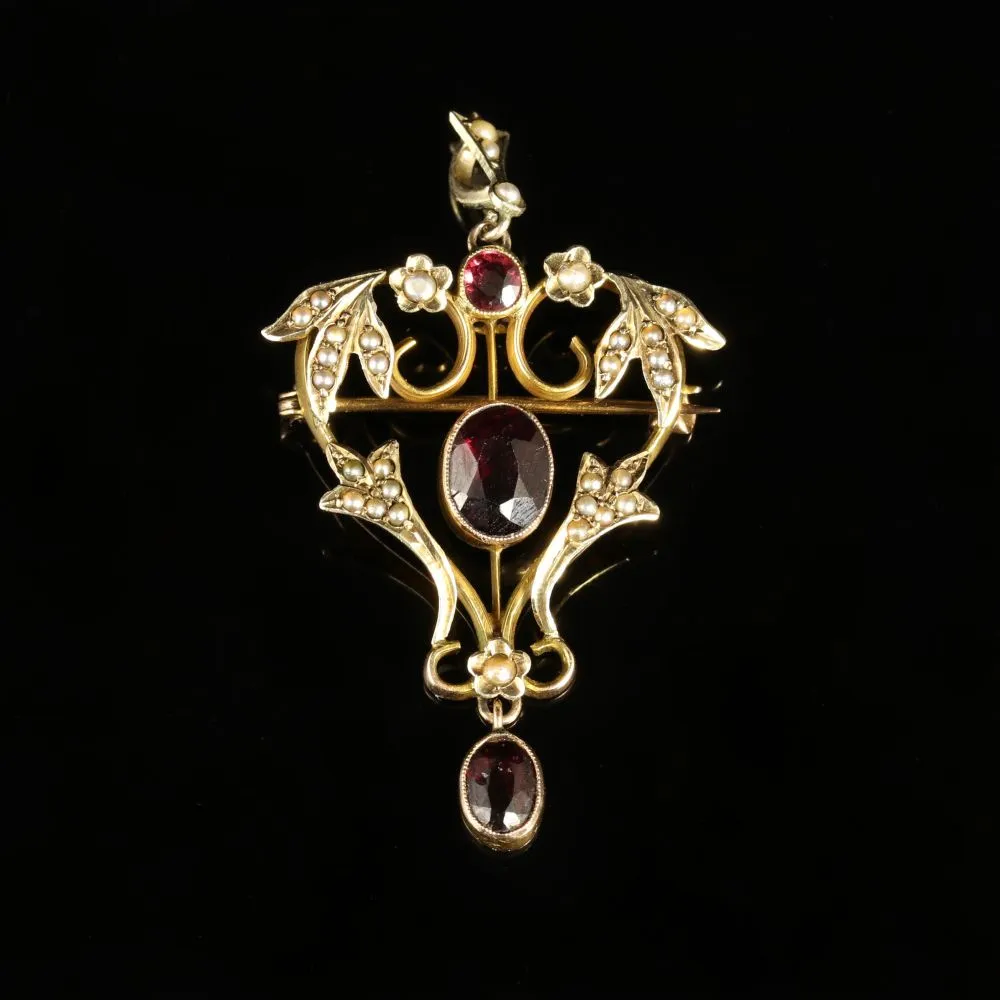 Antique Victorian Almandine Garnet Pearl Pendant Brooch 15Ct Gold