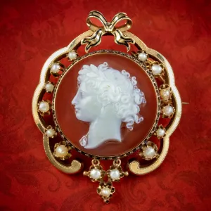 Antique Victorian Hardstone Cameo Brooch 15ct Gold Pearls