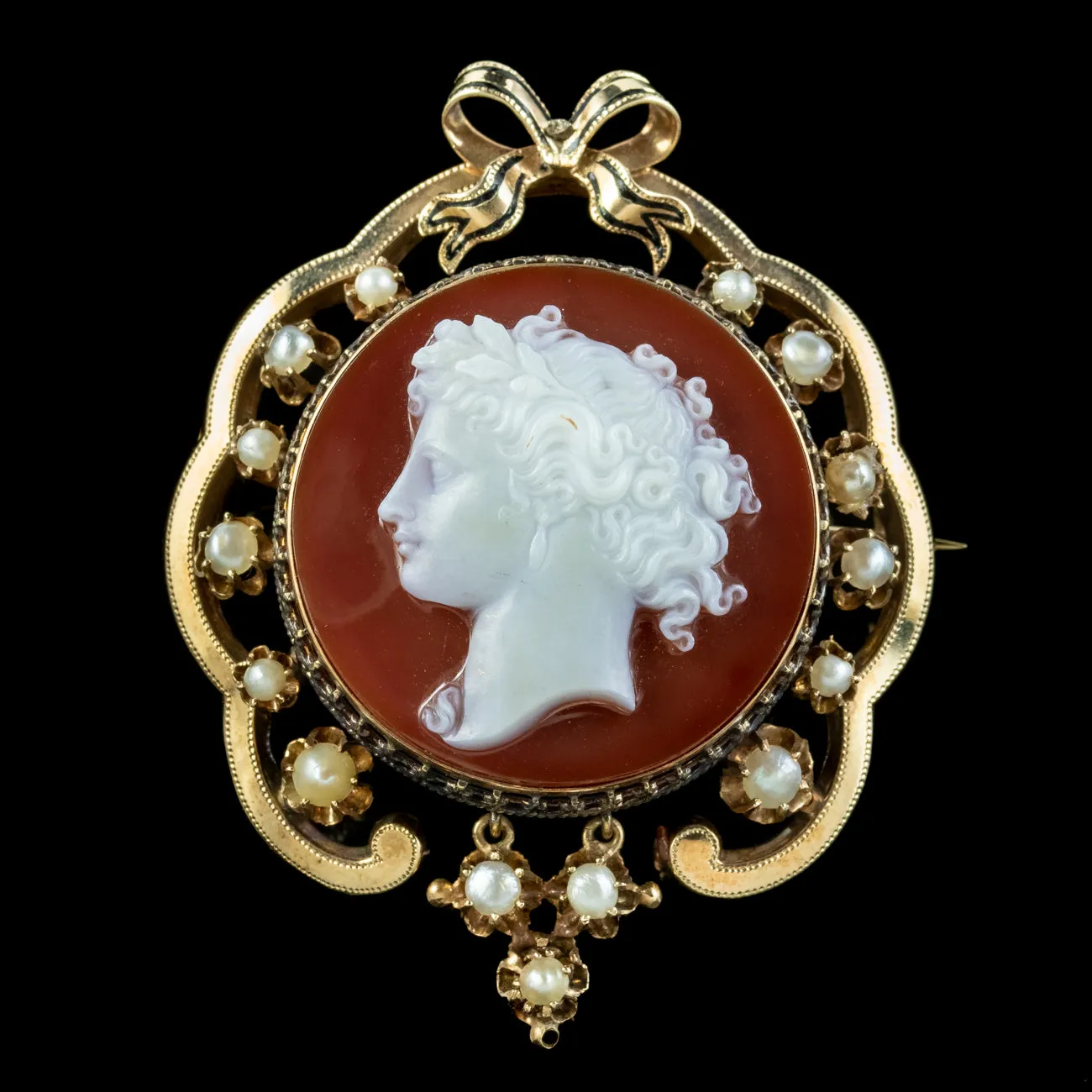 Antique Victorian Hardstone Cameo Brooch 15ct Gold Pearls