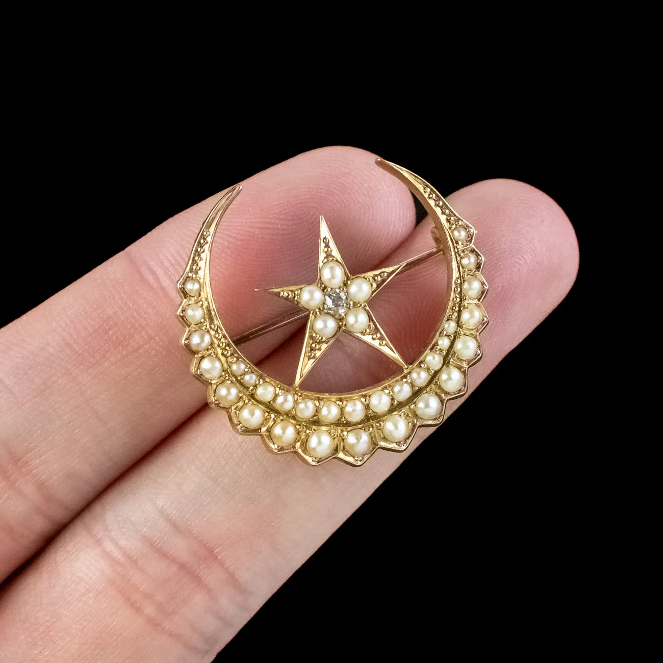 Antique Victorian Pearl Diamond Crescent Moon And Star Brooch 18ct Gold