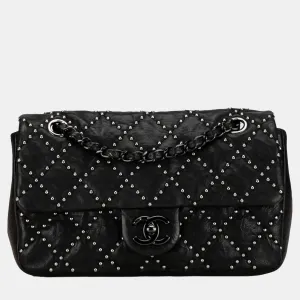 Black Washed Lambskin Studded Metal Beauty Flap