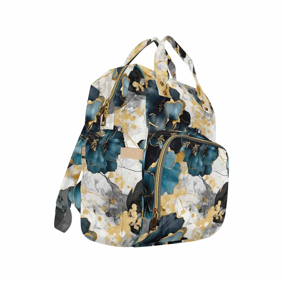 Blue & Gold Ink Floral Diaper Bag Backpack