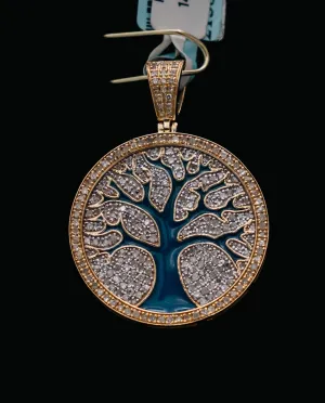 Blue Family Tree Pendant 14K Yellow Gold With Diamond 0,85ct / 6.7gr