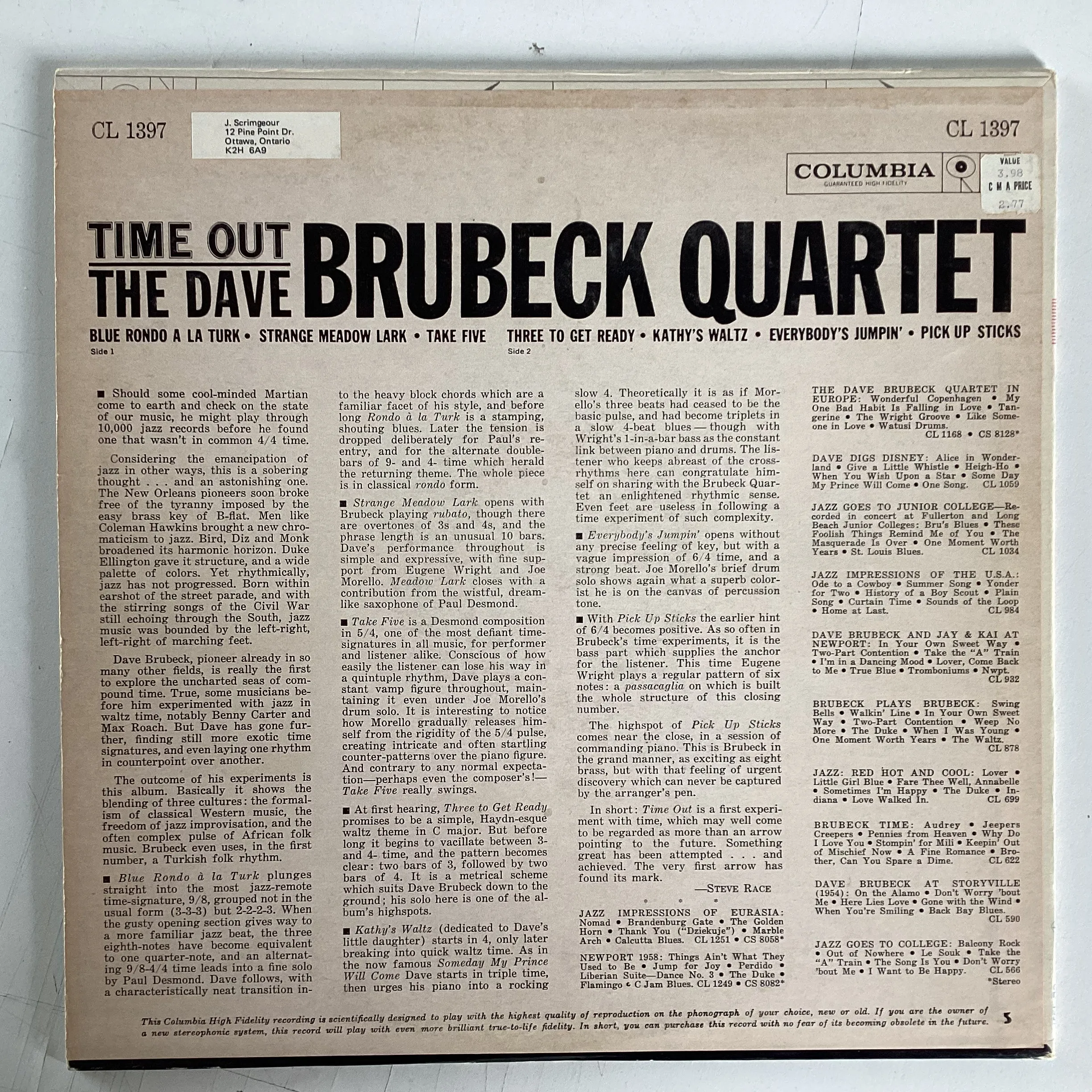 BRUBECK, DAVE QRT = TIME OUT (US MONO 1961 REISSUE) (USED)