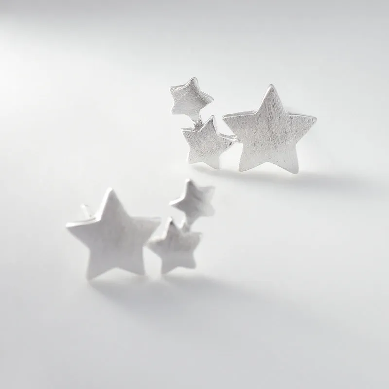 Brushed Three Stars Silver Stud Earrings for Women