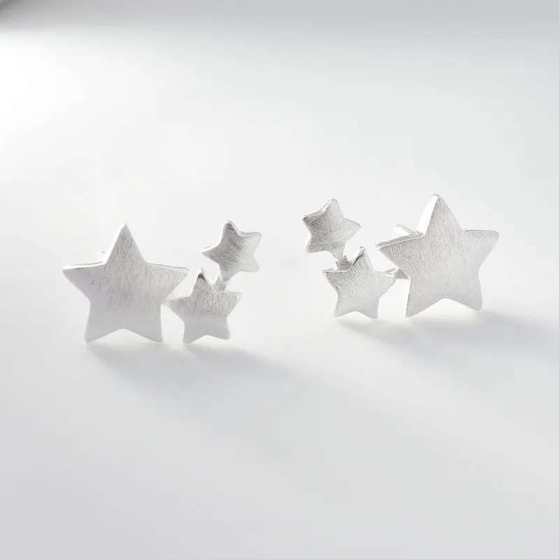 Brushed Three Stars Silver Stud Earrings for Women