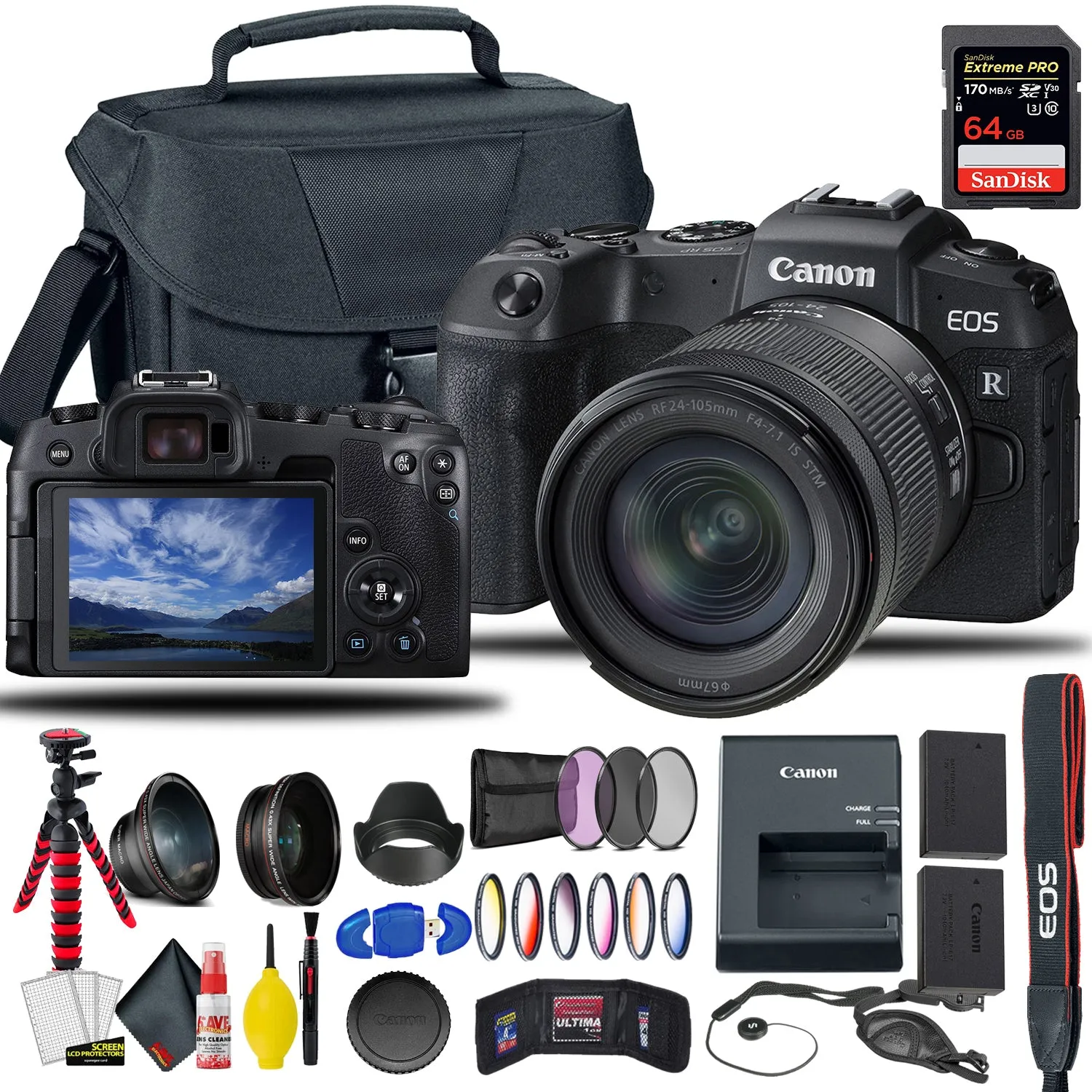 Canon EOS RP Mirrorless Digital Camera with 24-105mm f/4-7.1 Lens   Extra Canon Battery, Creative Filters   EOS Camera Bag   Sandisk Extreme Pro 64GB Card   6AVE Cleaning Set,   More