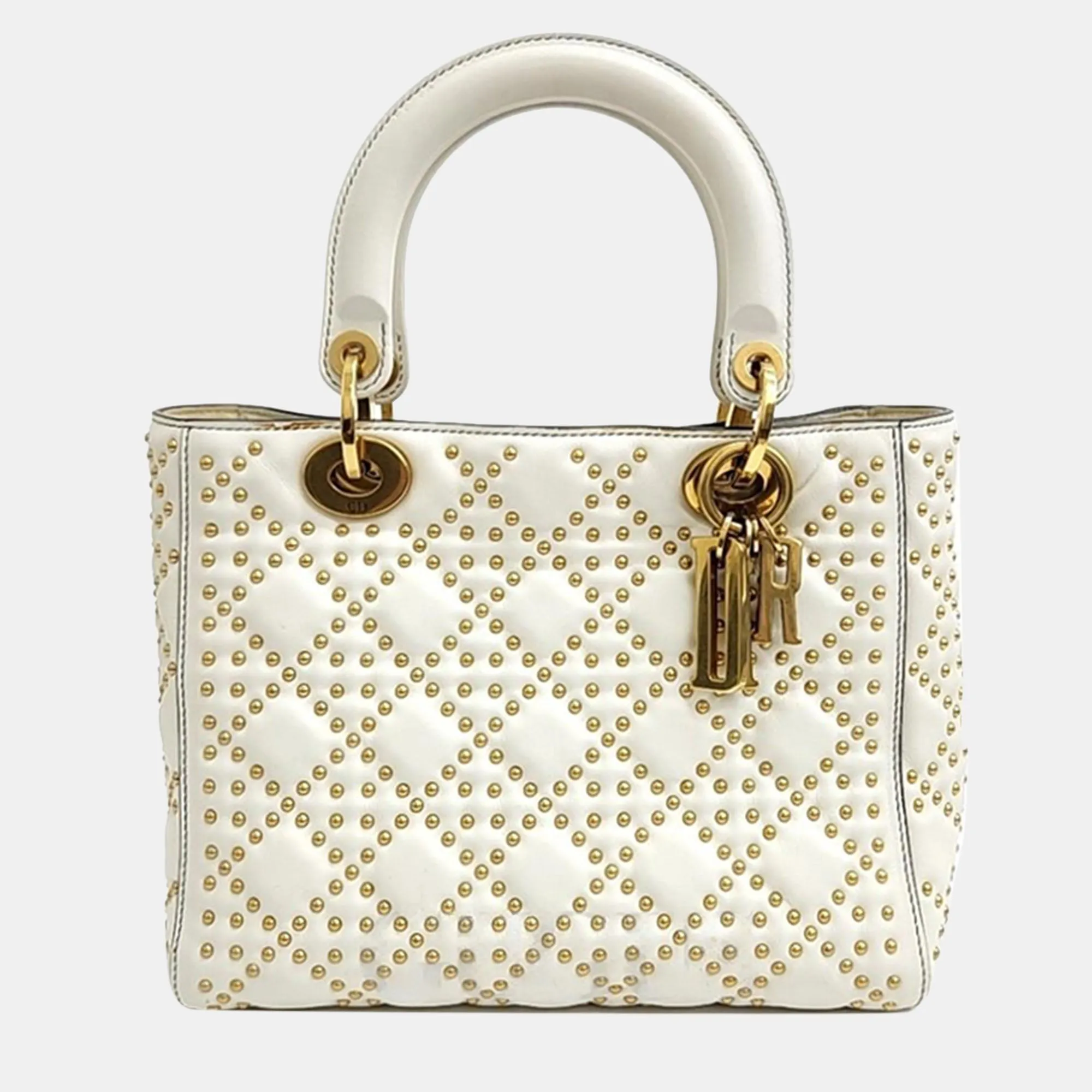 Christian Ivory Leather Studded Cannage Medium Lady Dioe Top Handle Bag