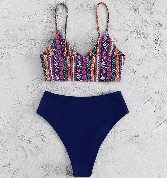 Contrast print cami bikini swimwear