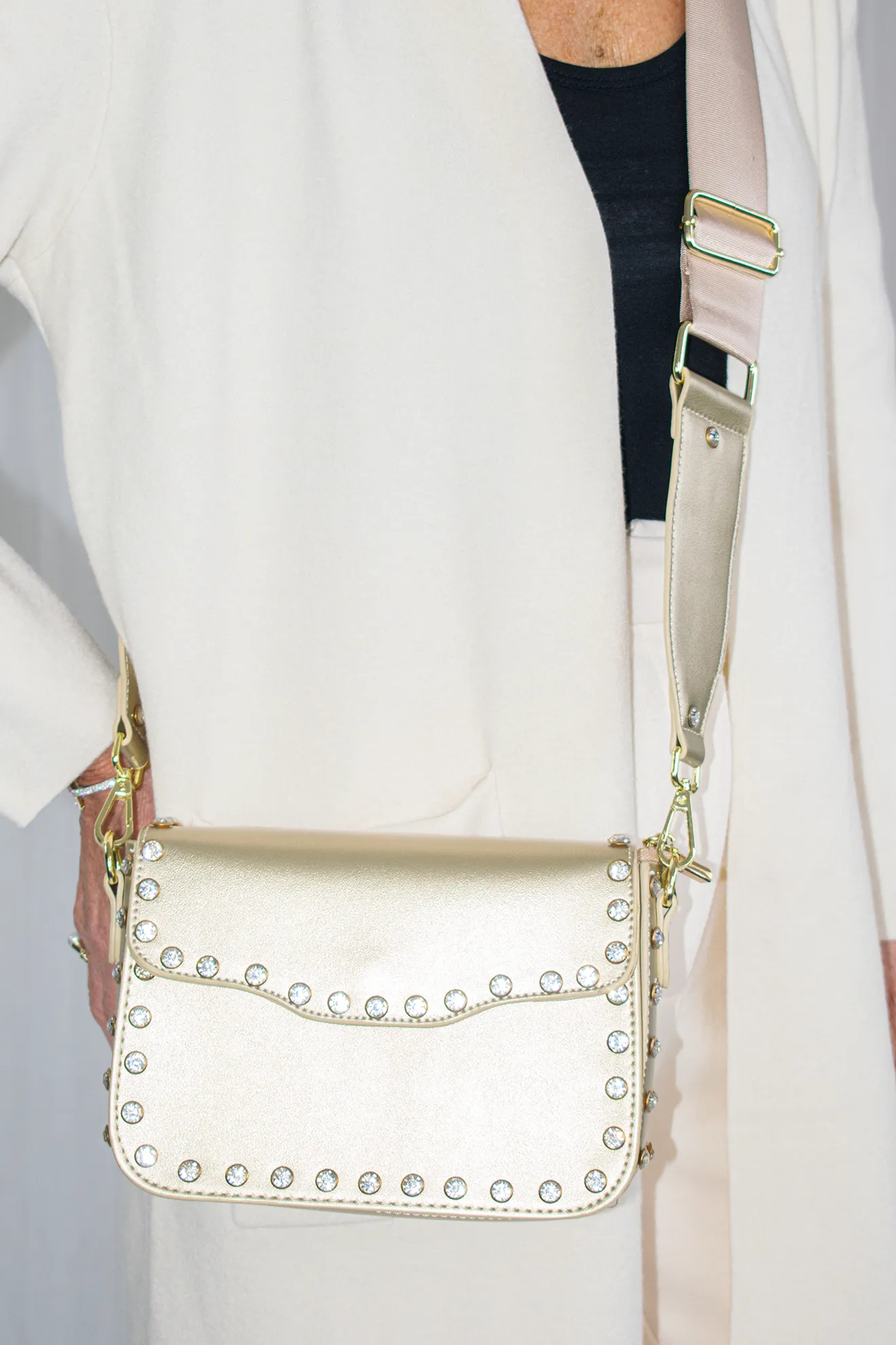 Cross Body Studded Diamante Edge Bag in Gold