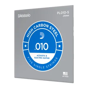 D'Addario - PL010 5 Pack - Single Plain Steel .010 String - Electric/Acoustic Guitar Strings