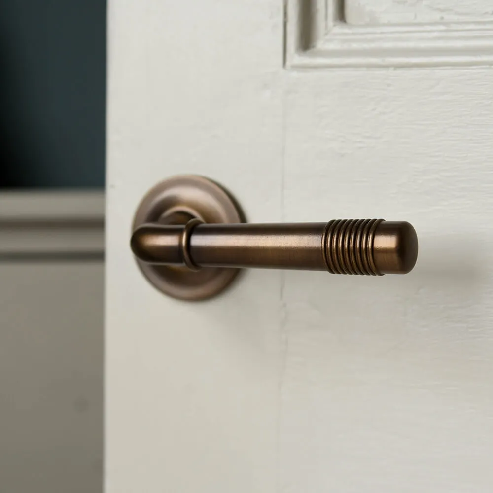 Distressed Antique Brass Crest Lever Door Handles on Concealed Rose