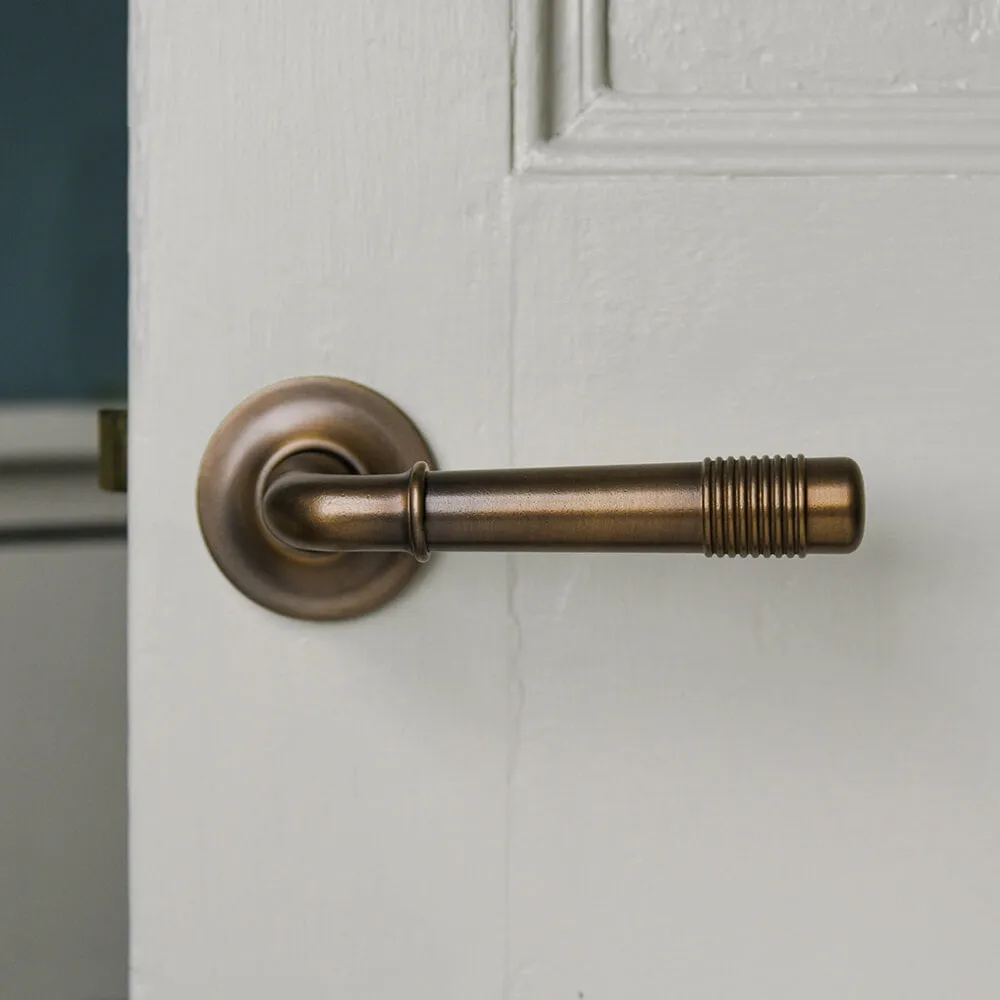 Distressed Antique Brass Crest Lever Door Handles on Concealed Rose