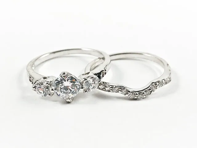 Elegant Classic 2 Piece Set Engagement Style CZ Silver Ring