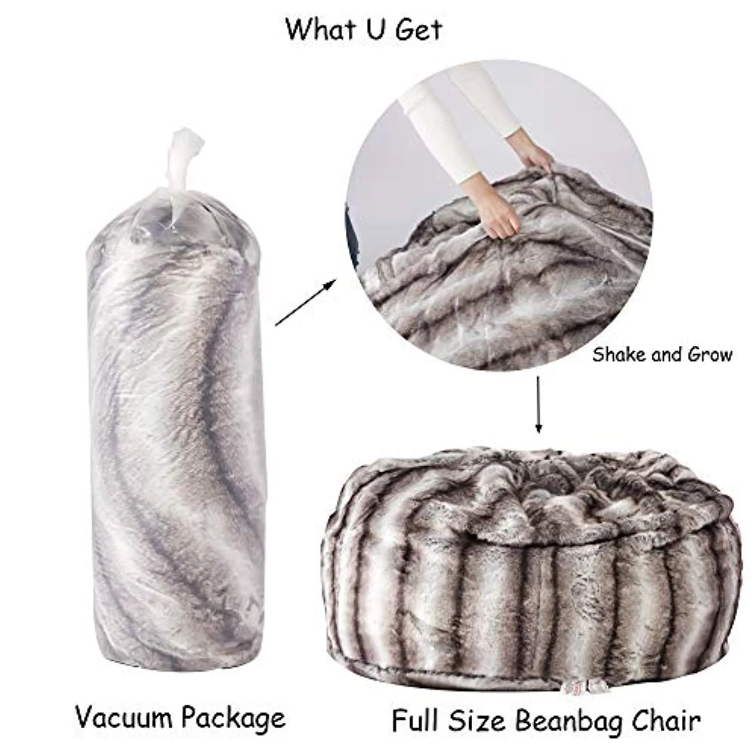 Faux Fur Bean Bag Chair Luxury and Comfy Big Beanless Bag Sponge Filling, 3 ft,