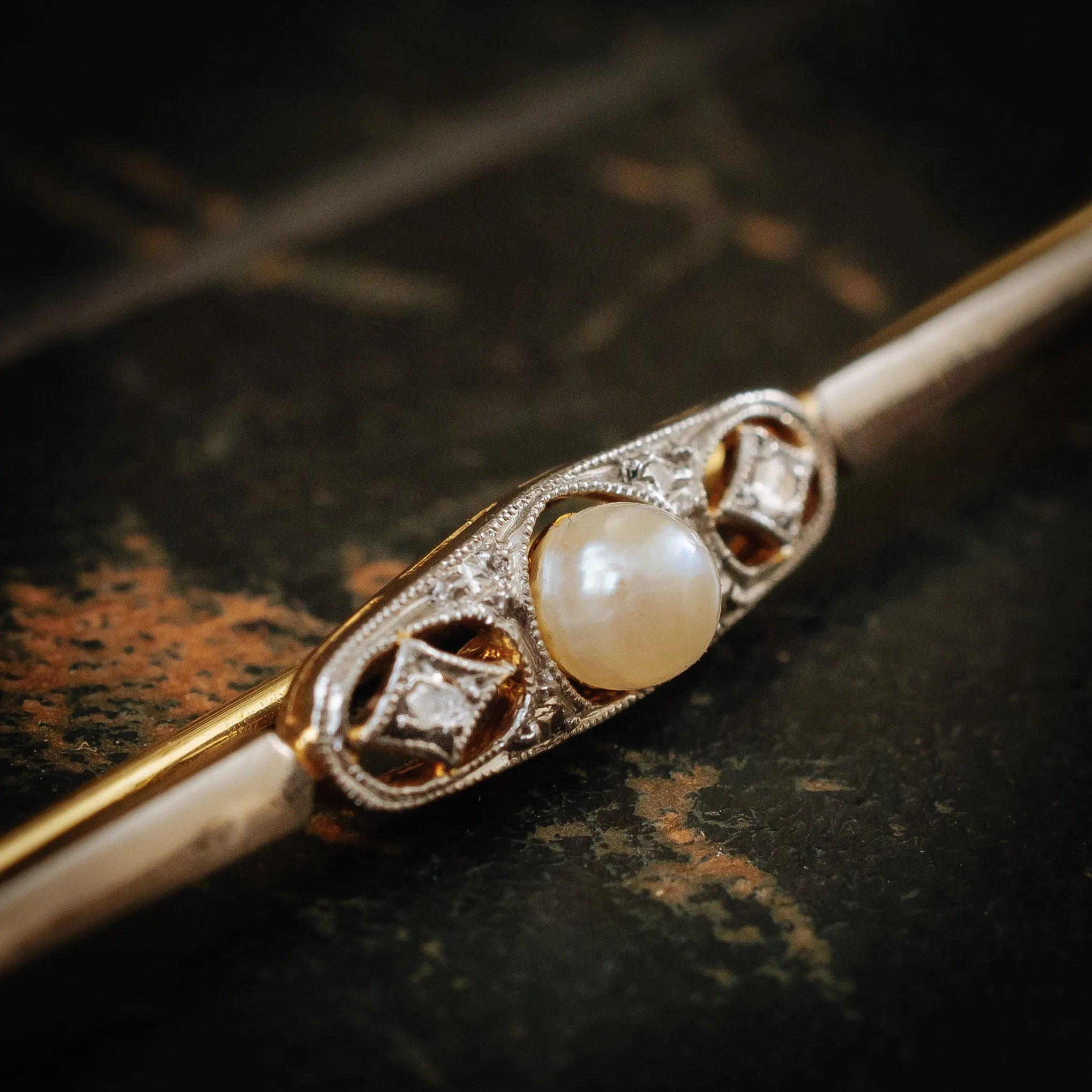 Fine Filigree Edwardian 18ct Gold Pearl and Diamond Brooch