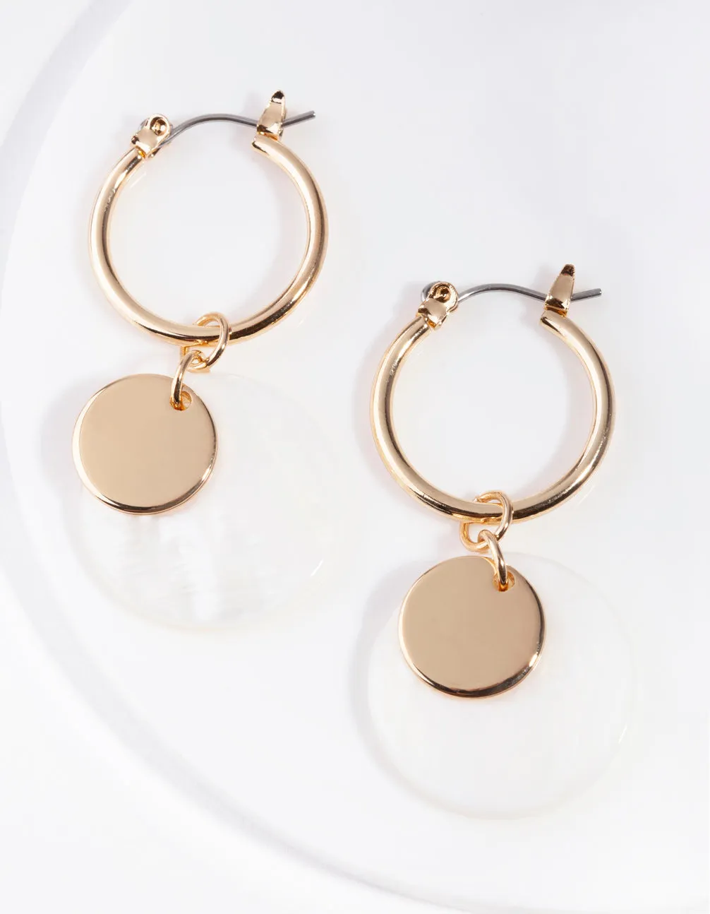 Gold Shell Disc Hoop Earrings