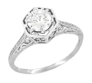 Hexagon Art Deco White Sapphire Filigree Engagement Ring in 14K White Gold