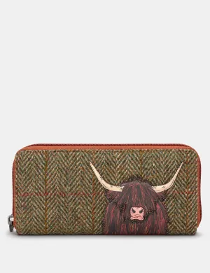 Highland Cow Harris Tweed & Brown Leather Zip Round Purse