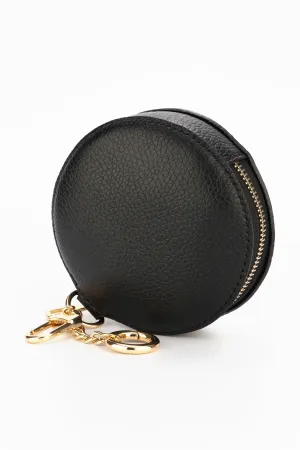 Italian Leather Round Clip-On Coin Purse in Black