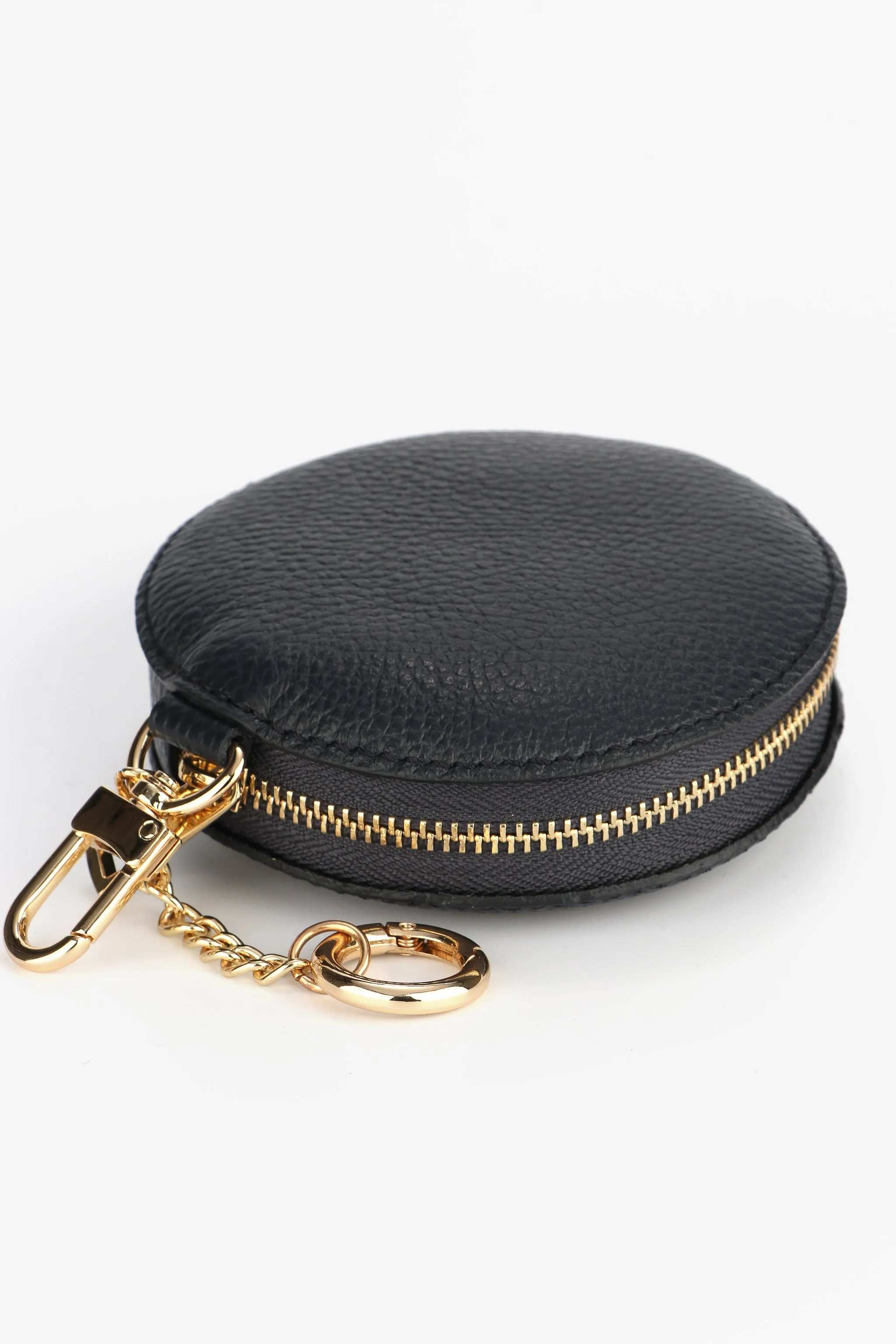 Italian Leather Round Clip-On Coin Purse in Black