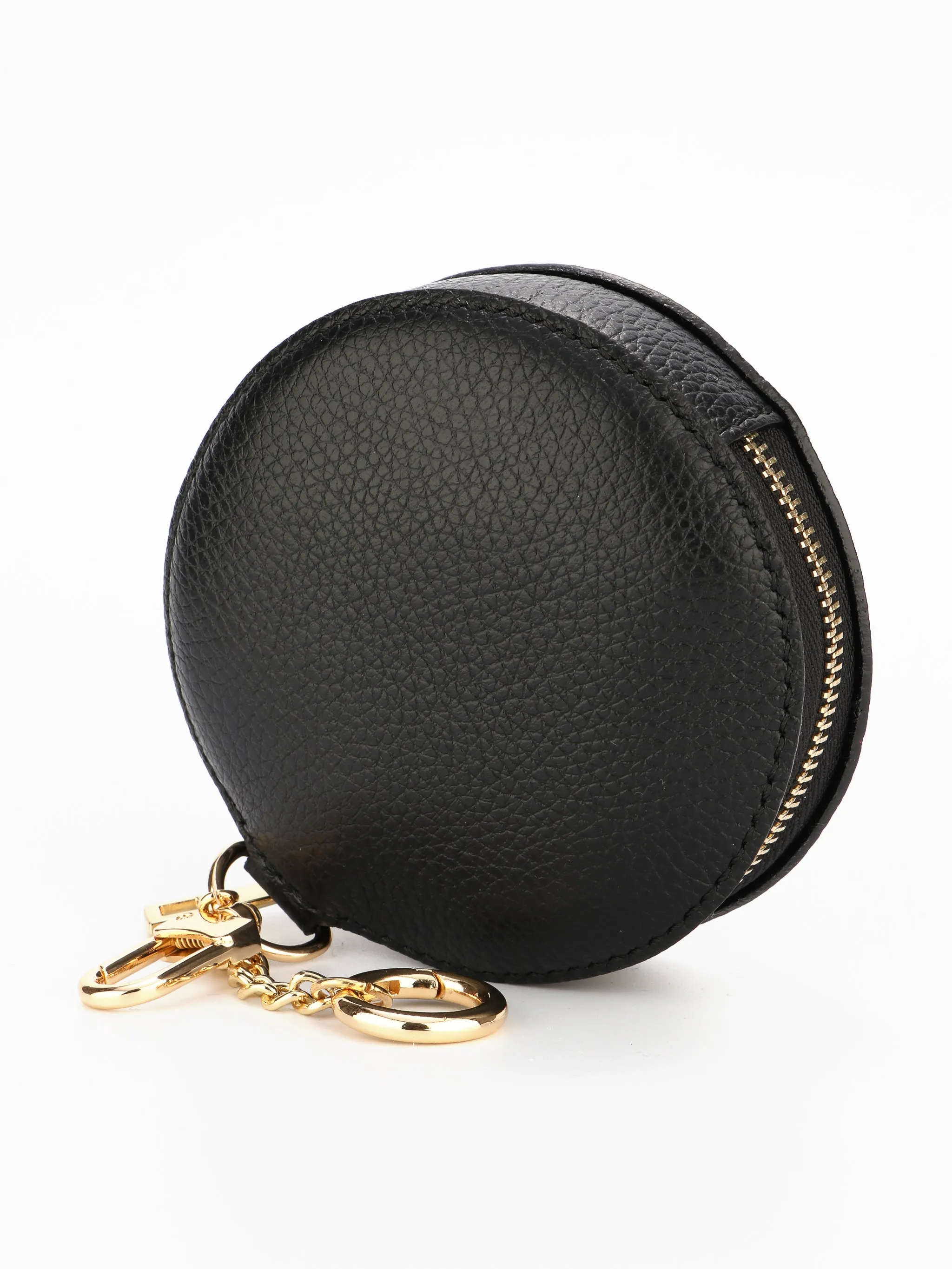 Italian Leather Round Clip-On Coin Purse in Black