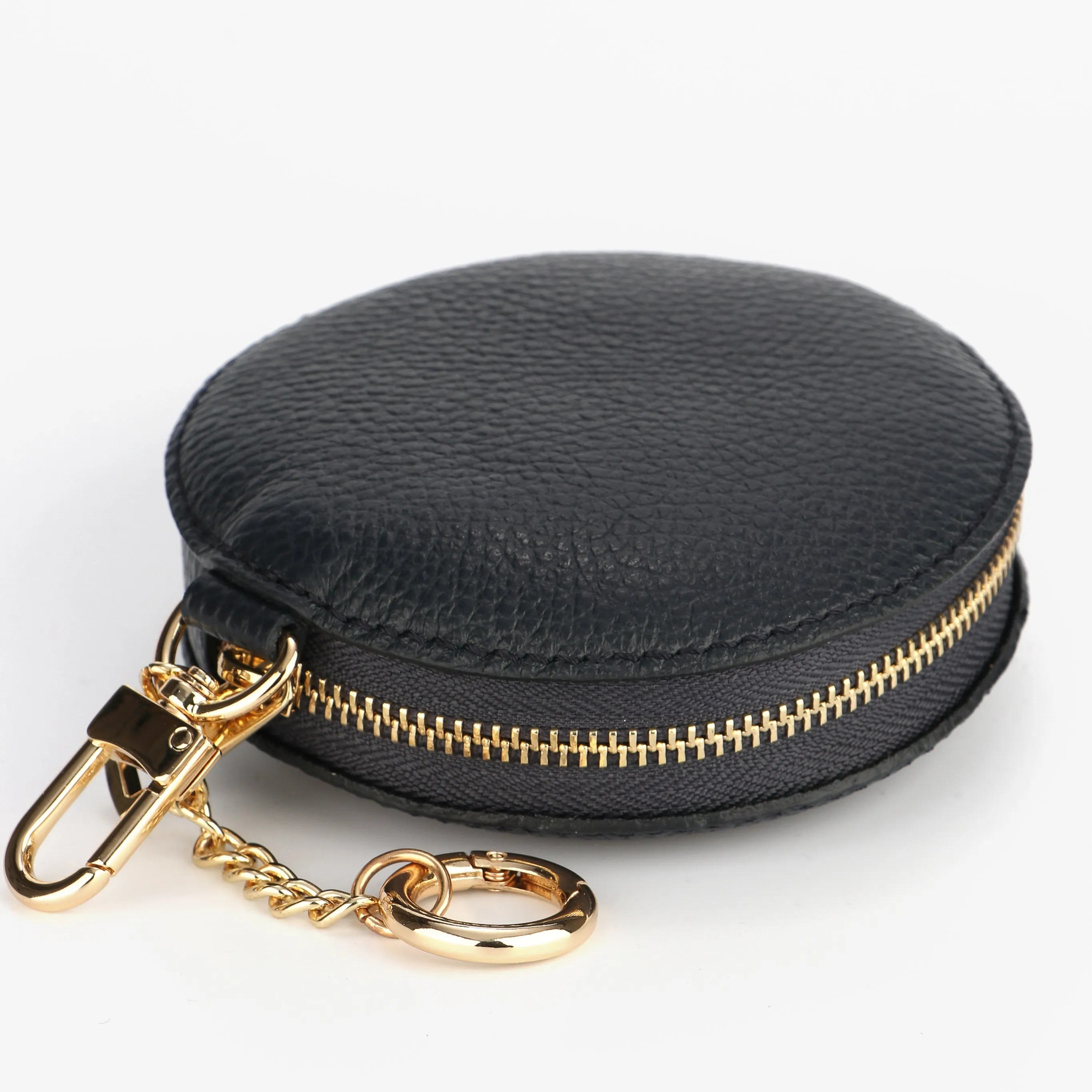 Italian Leather Round Clip-On Coin Purse in Black