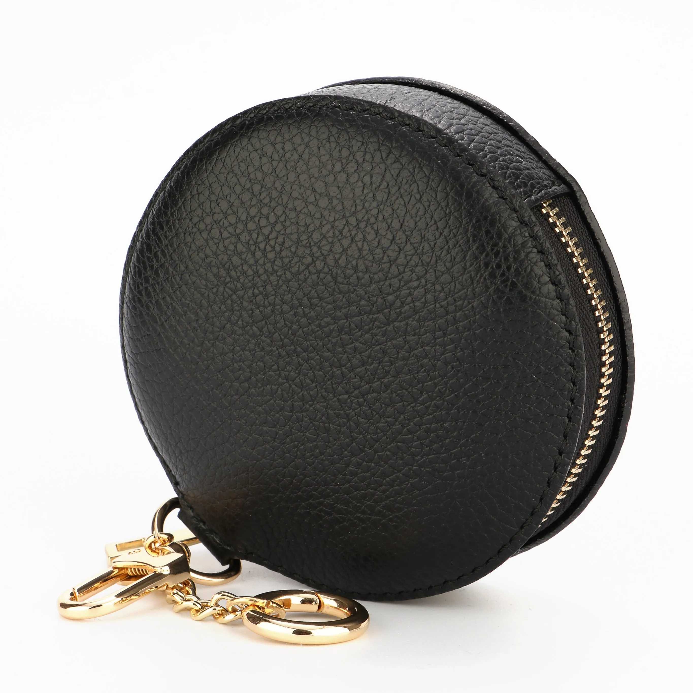 Italian Leather Round Clip-On Coin Purse in Black