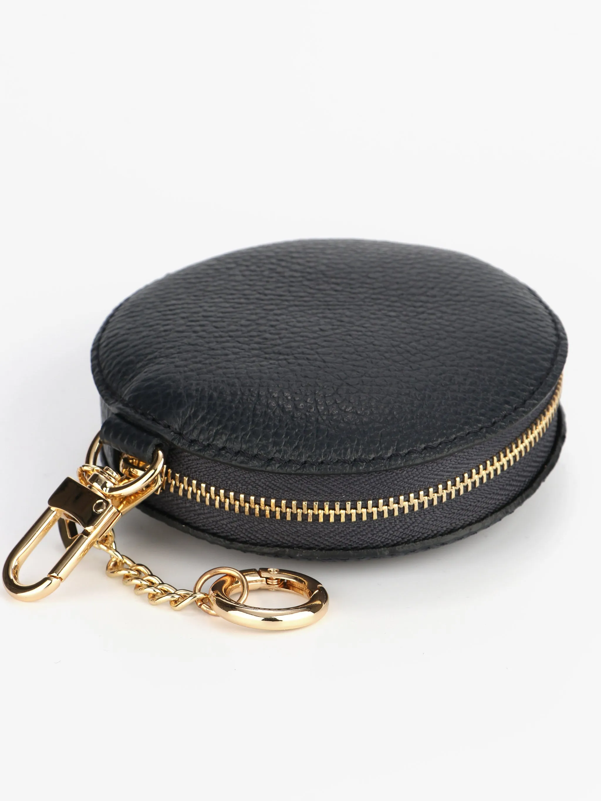 Italian Leather Round Clip-On Coin Purse in Black