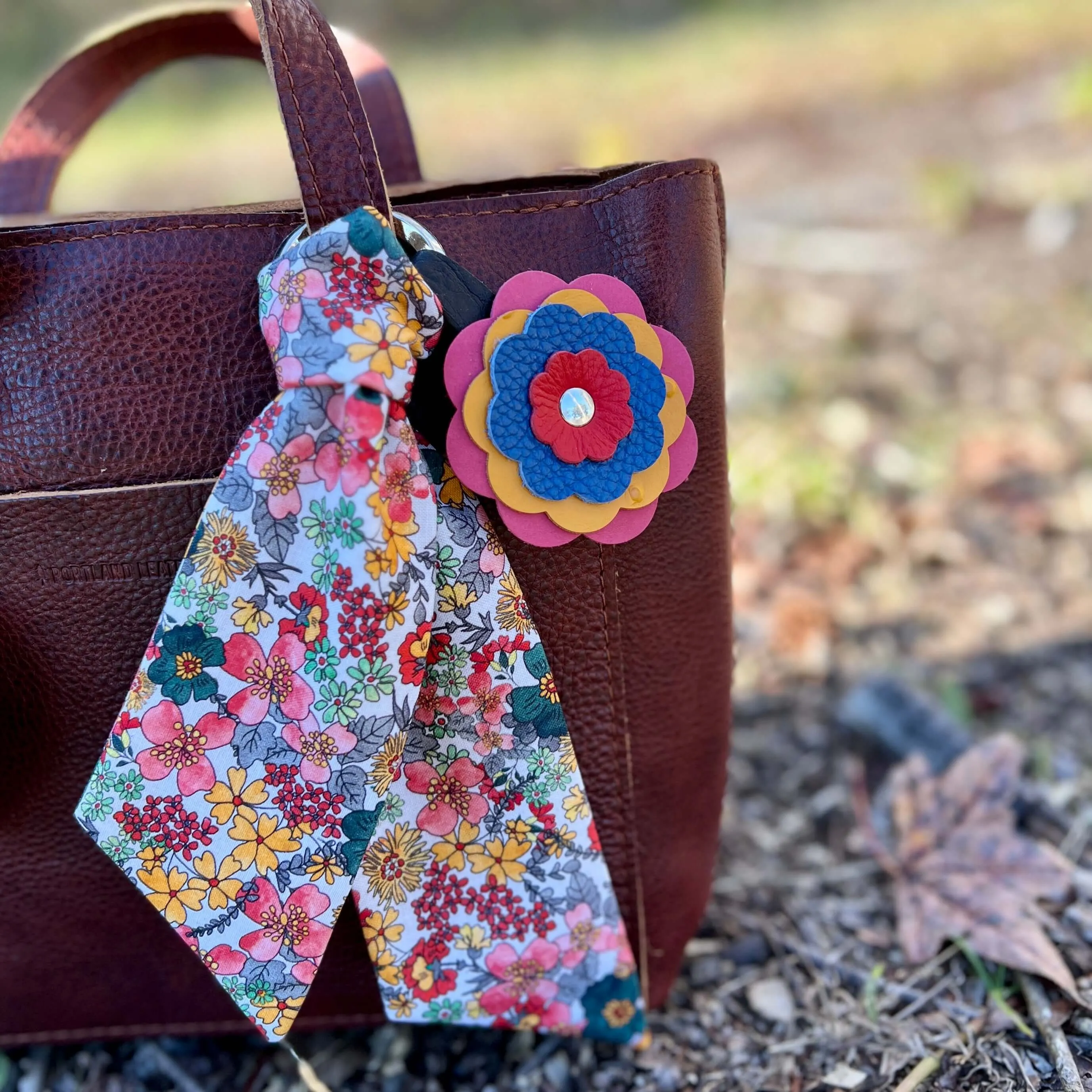 Leather Flower Bag Charm - Pink, Yellow, Blue and Red