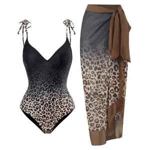 Leopard print self tie backless v neck gradient one piece swimwear