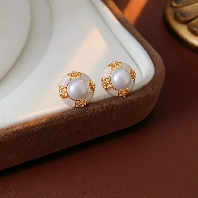 Luxurious Round Geometric Artificial Pearl Oil Dripping Earrings