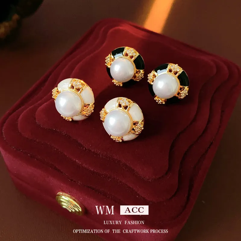 Luxurious Round Geometric Artificial Pearl Oil Dripping Earrings