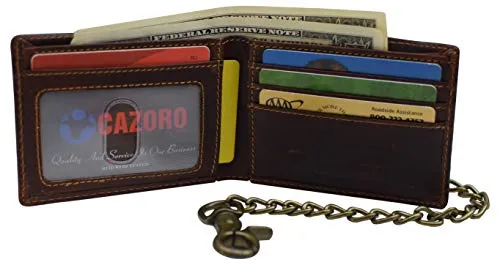 Men's RFID Signal Blocking Biker's Slim Bifold Chain Card ID Vintage Brown Leather Wallet